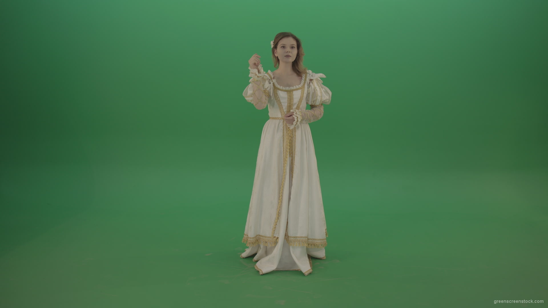 Girl-is-full-grown-dressed-beautifully-screaming-the-news-leader-isolated-on-green-background_006 Green Screen Stock