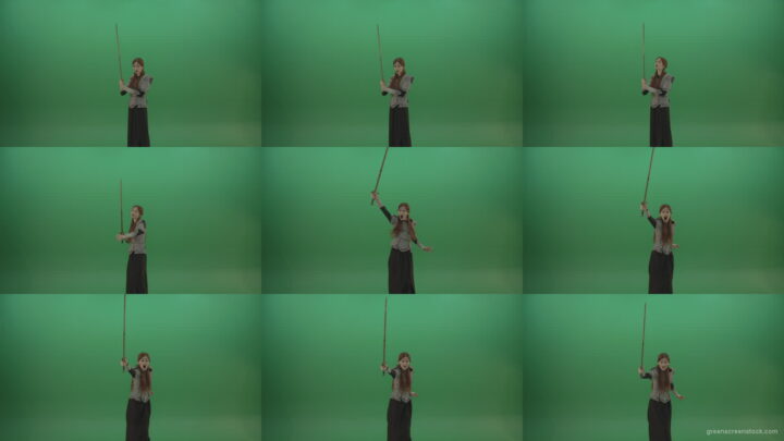 Girl-shouts-her-foes-on-an-offensive-raising-a-sword-up-on-a-green-background Green Screen Stock