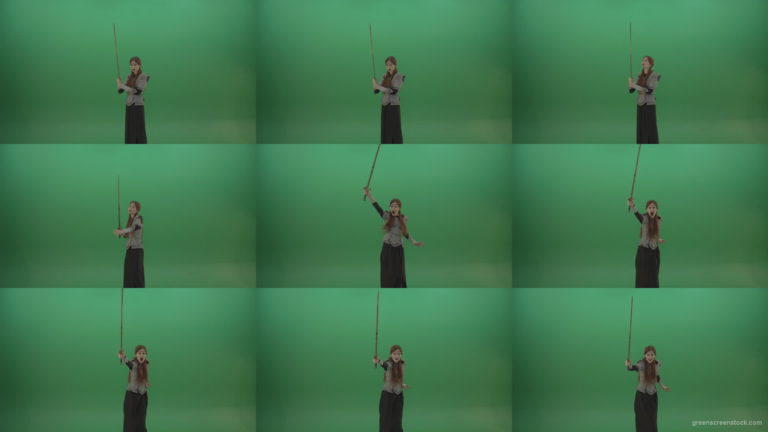 Girl-shouts-her-foes-on-an-offensive-raising-a-sword-up-on-a-green-background Green Screen Stock