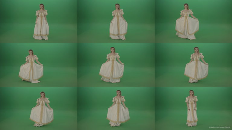 Girl-worships-from-side-to-side-dressed-in-white-dress-isolated-on-green-background Green Screen Stock