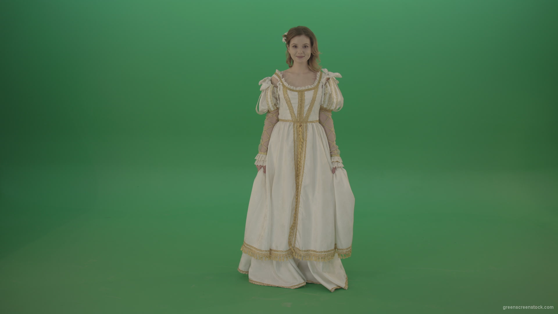 Girl-worships-from-side-to-side-dressed-in-white-dress-isolated-on-green-background_001 Green Screen Stock