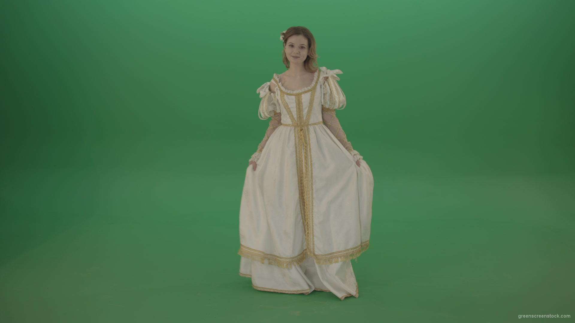 Girl-worships-from-side-to-side-dressed-in-white-dress-isolated-on-green-background_002 Green Screen Stock