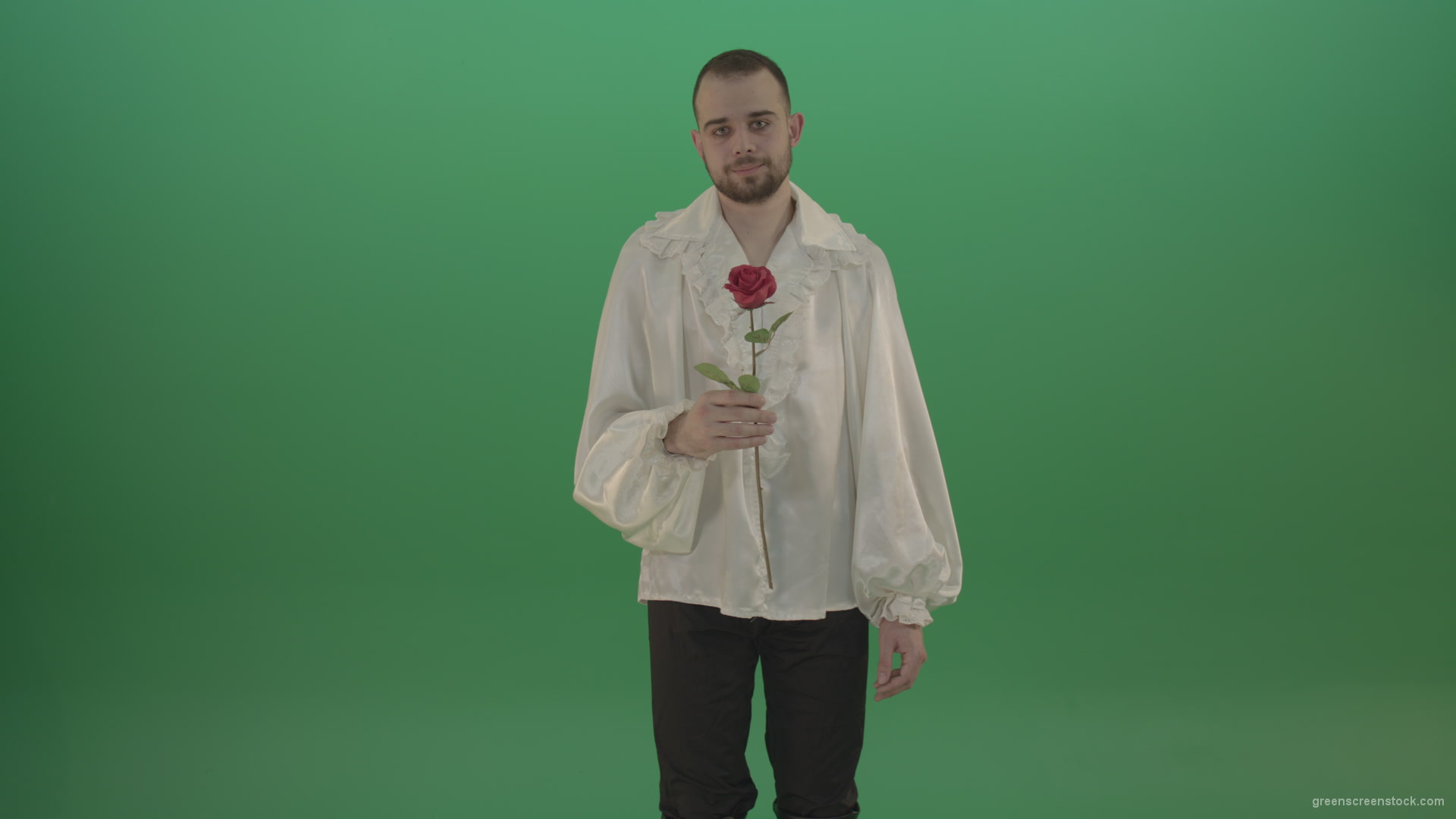 Glancing-at-the-red-flower-the-guy-gives-love-rose-to-camera-isolated-on-green-screen_001 Green Screen Stock