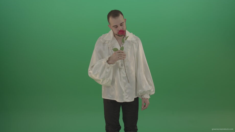 vj video background Glancing-at-the-red-flower-the-guy-gives-love-rose-to-camera-isolated-on-green-screen_003