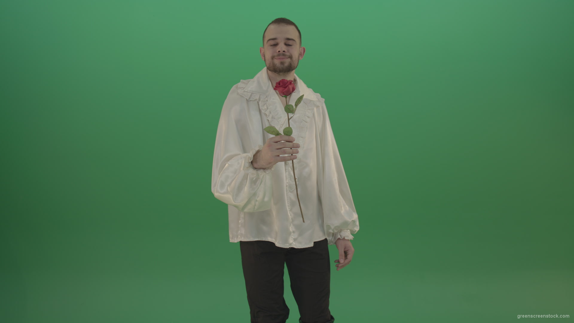 Glancing-at-the-red-flower-the-guy-gives-love-rose-to-camera-isolated-on-green-screen_009 Green Screen Stock