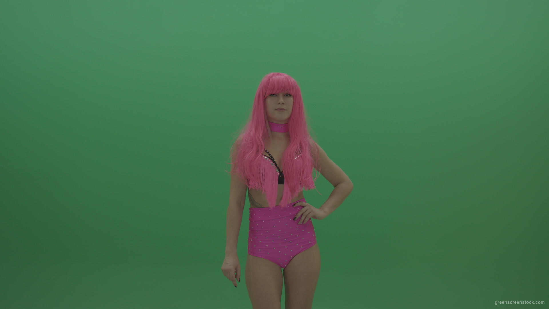 Gogo-dancer-in-pink-displays-an-amazing-pose-over-chromakey-background_001 Green Screen Stock