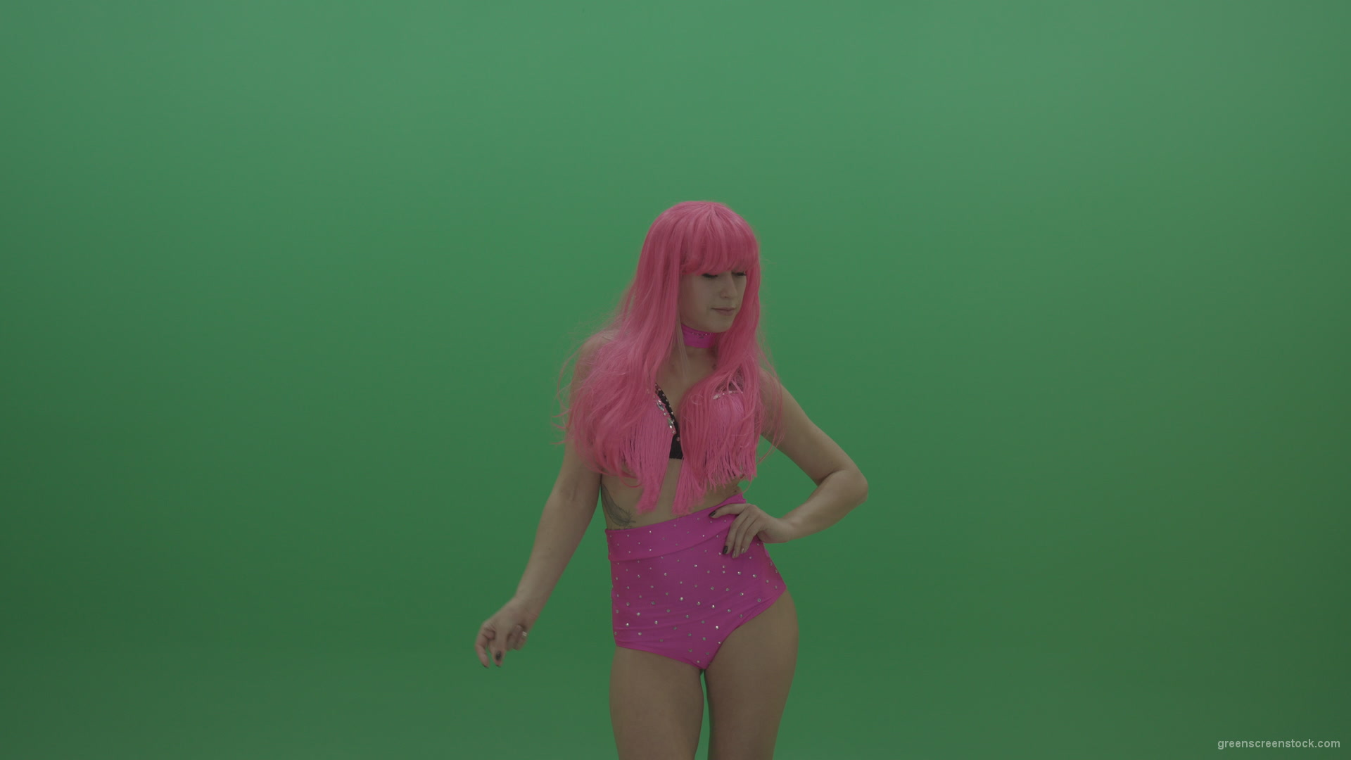 Gogo-dancer-in-pink-displays-an-amazing-pose-over-chromakey-background_002 Green Screen Stock