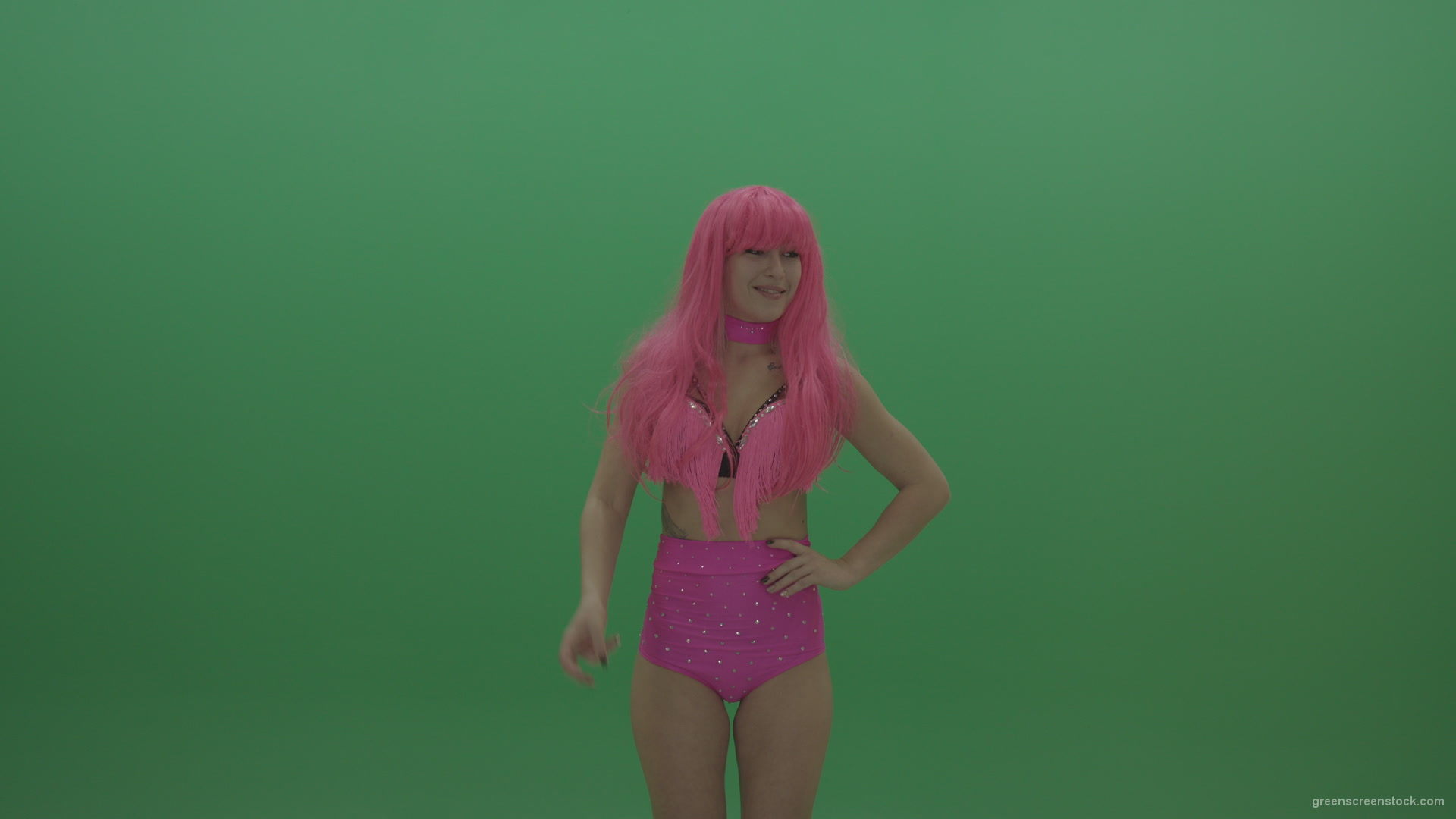 Gogo-dancer-in-pink-displays-an-amazing-pose-over-chromakey-background_006 Green Screen Stock