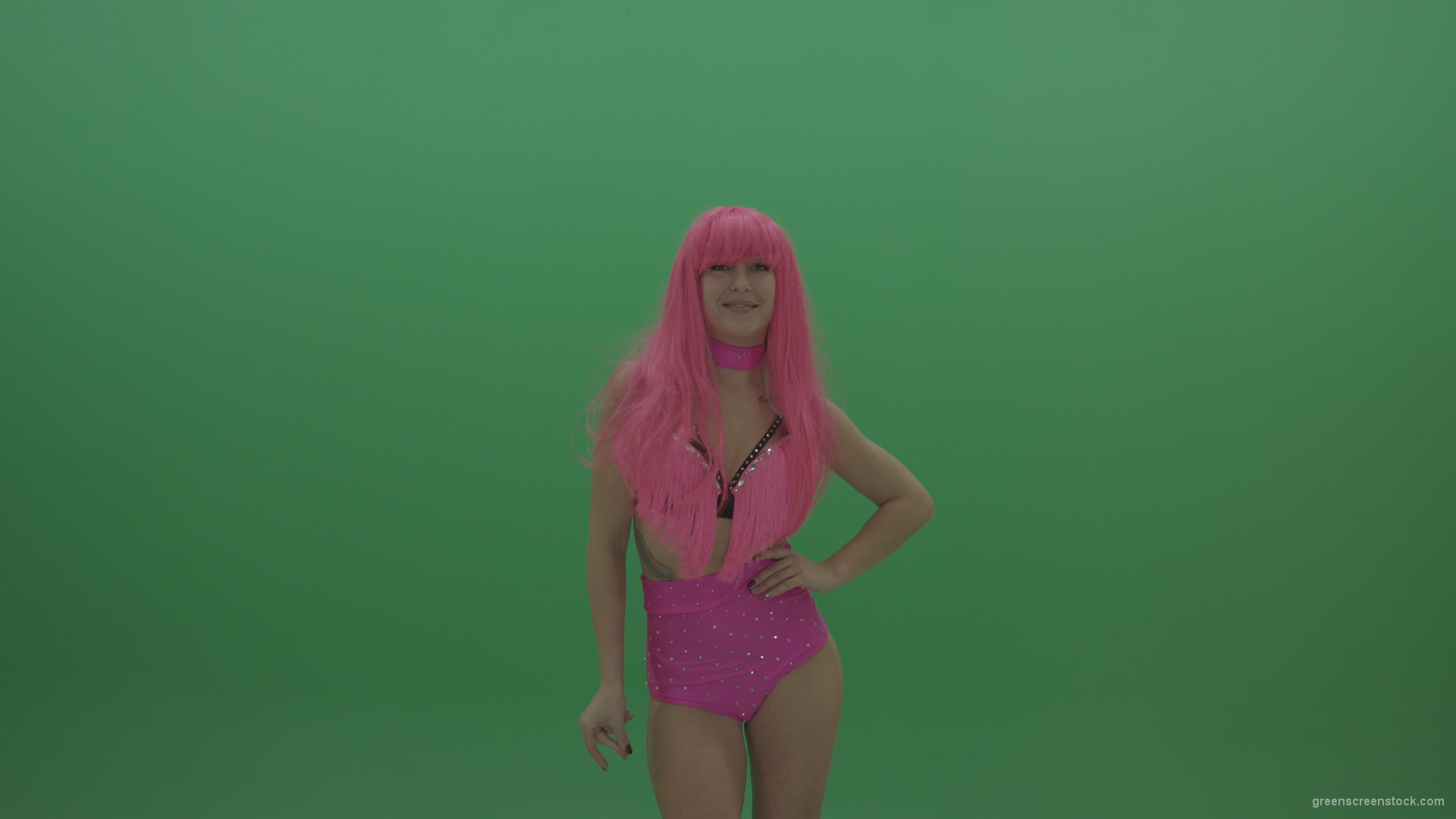 Gogo-dancer-in-pink-displays-an-amazing-pose-over-chromakey-background_007 Green Screen Stock