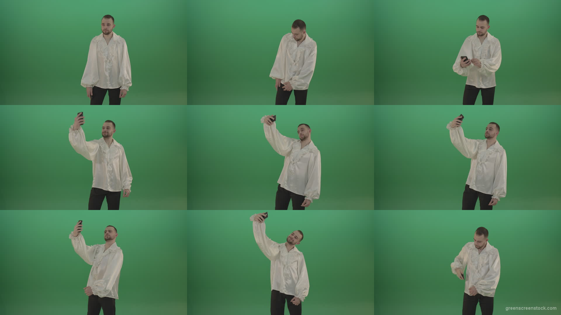 Guy-makes-a-selphi-and-posing-to-the-camera-isolated-on-green-screen Green Screen Stock
