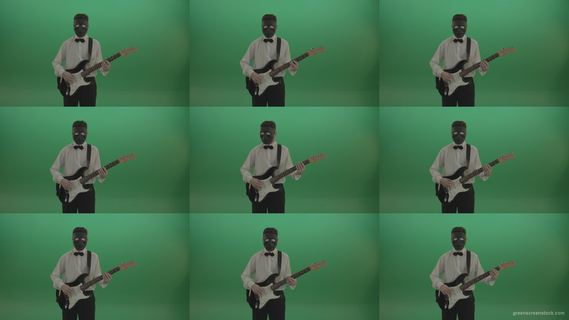 Horror-classic-guitarist-man-in-black-mask-and-white-shirt-play-guitar-on-green-screen Green Screen Stock
