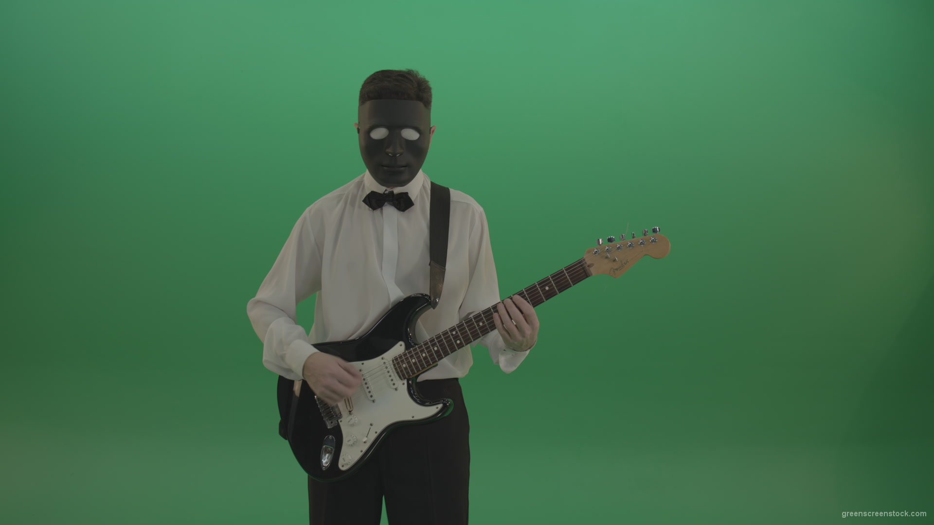 vj video background Horror-classic-guitarist-man-in-black-mask-and-white-shirt-play-guitar-on-green-screen_003