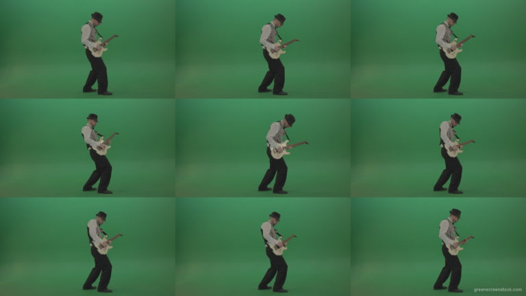 Jazz-man-musician-play-guitar-solo-music-in-guitar-on-green-screen-isolated-in-side-view Green Screen Stock