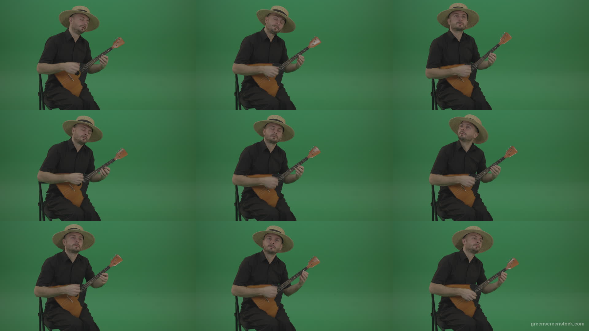 Man-from-village-play-Balalaika-music-instrument-isolated-on-green-screen Green Screen Stock
