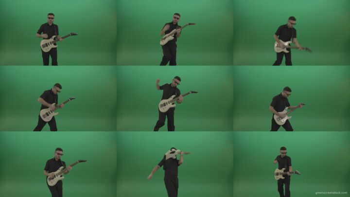 Man-in-black-costume-virtuoso-play-white-electro-rythm-guitar-isolated-on-green-screen Green Screen Stock