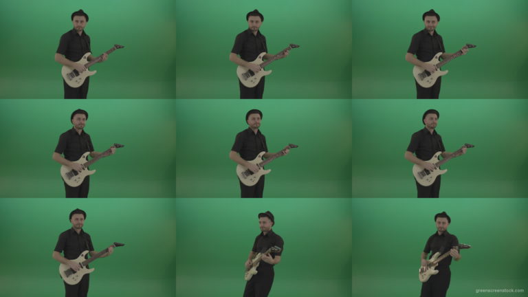 Man-in-black-playing-white-guitar-on-green-screen Green Screen Stock