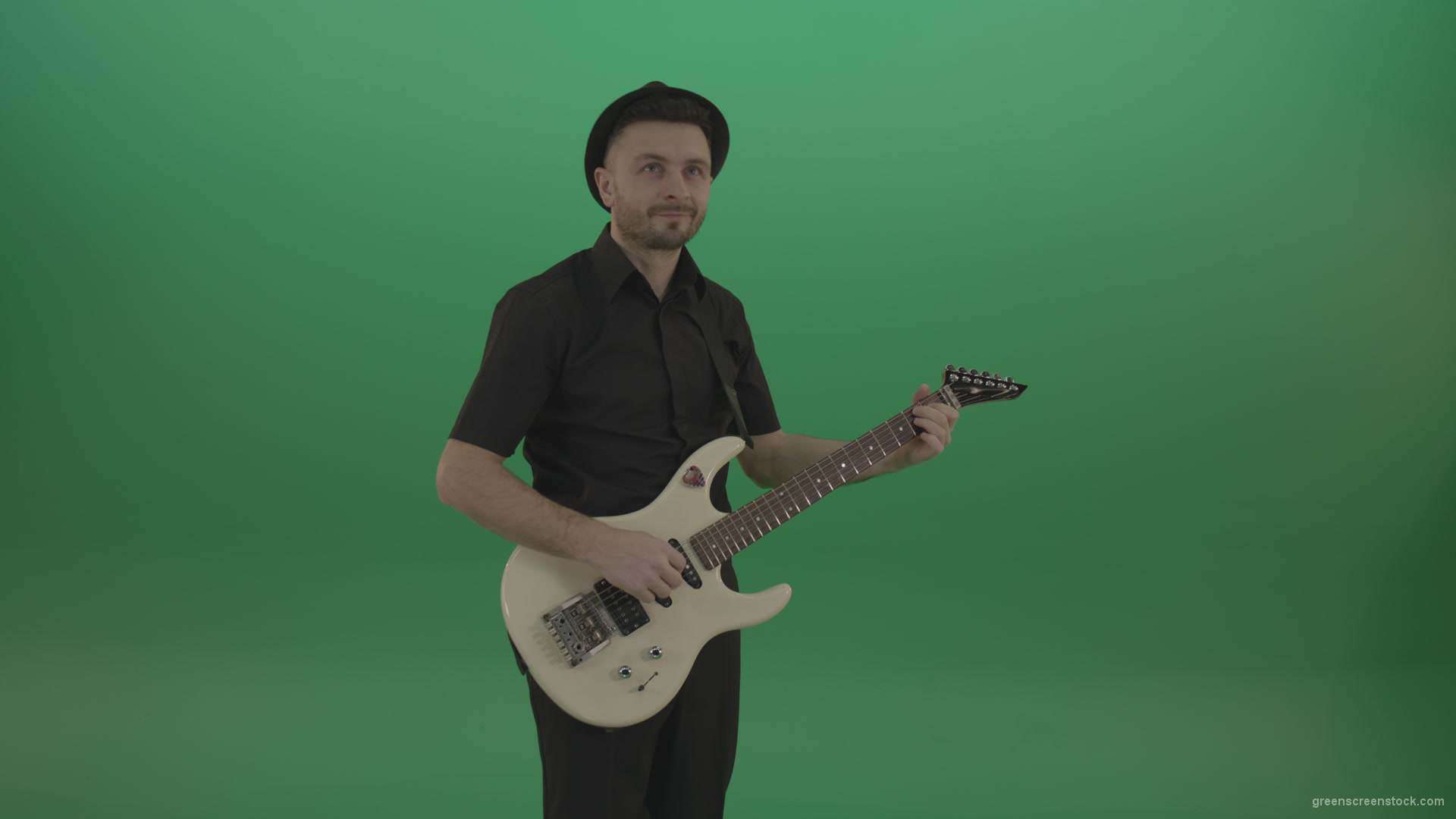 Man-in-black-playing-white-guitar-on-green-screen_004 Green Screen Stock