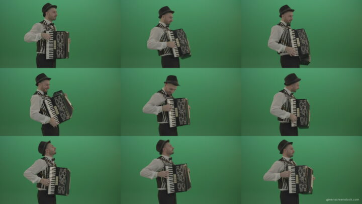 Man-in-hat-playing-Accordion-jazz-music-on-wedding-in-side-view-isolated-on-green-screen Green Screen Stock