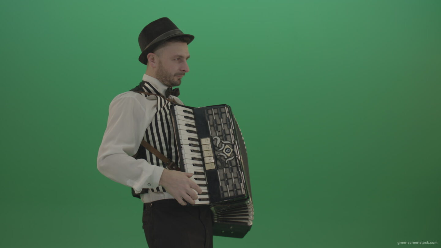 vj video background Man-in-hat-playing-Accordion-jazz-music-on-wedding-in-side-view-isolated-on-green-screen_003