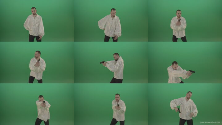 Man-in-white-shirt-shooting-with-pistol-hand-gun-isolated-in-green-screen-studio Green Screen Stock