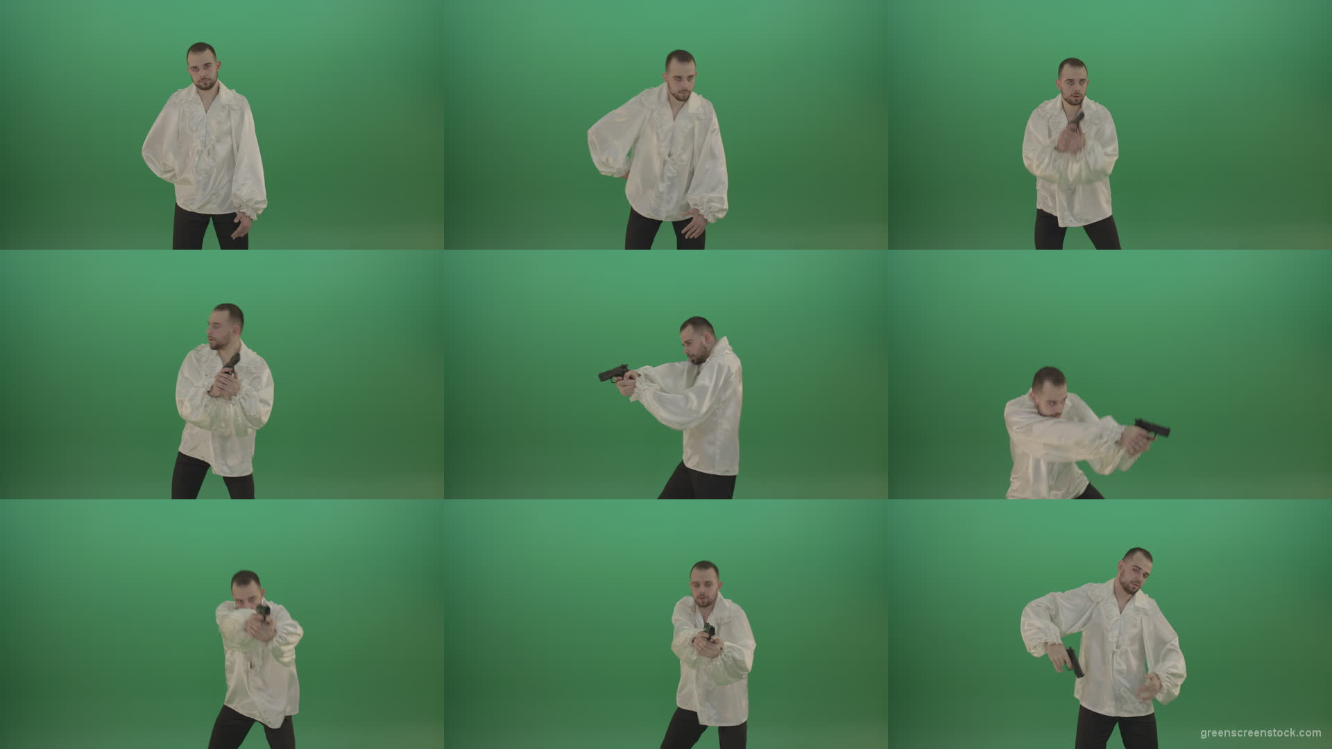 Man-in-white-shirt-shooting-with-pistol-hand-gun-isolated-in-green-screen-studio Green Screen Stock