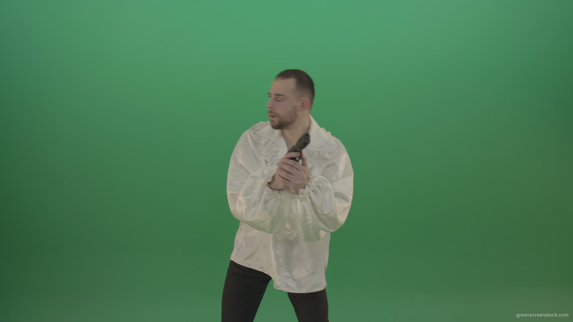 Man-in-white-shirt-shooting-with-pistol-hand-gun-isolated-in-green-screen-studio_004 Green Screen Stock