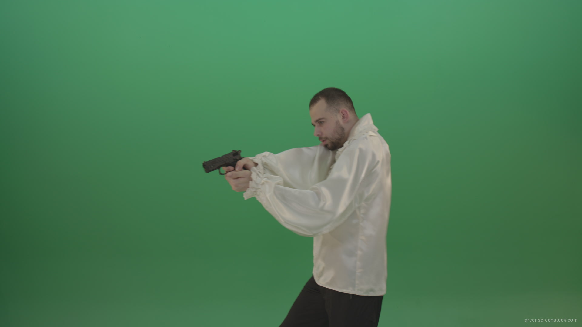Man-in-white-shirt-shooting-with-pistol-hand-gun-isolated-in-green-screen-studio_005 Green Screen Stock