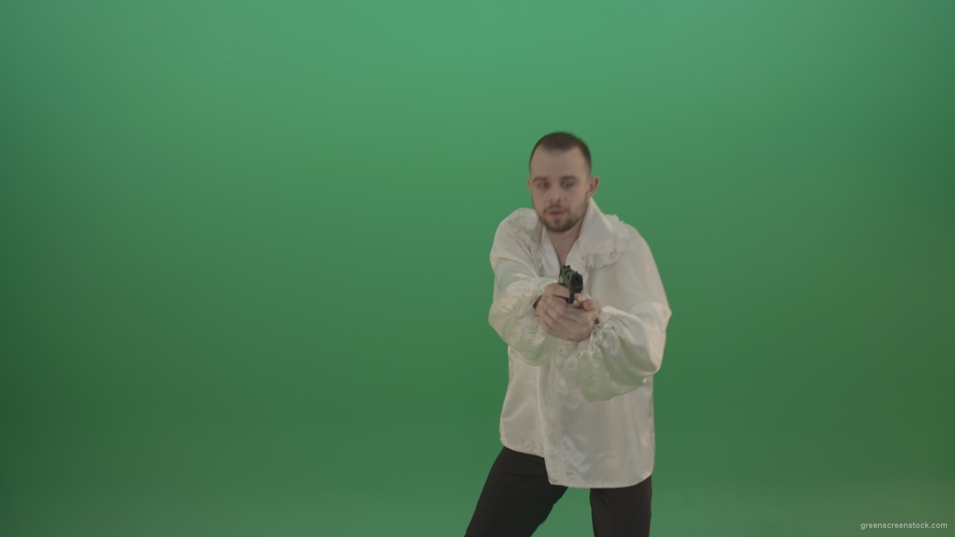 Man-in-white-shirt-shooting-with-pistol-hand-gun-isolated-in-green-screen-studio_008 Green Screen Stock