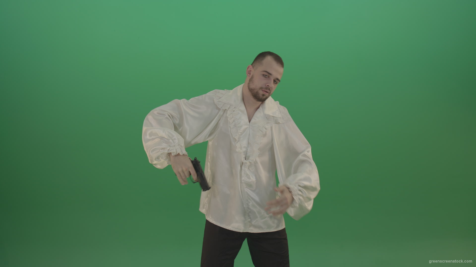 Man-in-white-shirt-shooting-with-pistol-hand-gun-isolated-in-green-screen-studio_009 Green Screen Stock