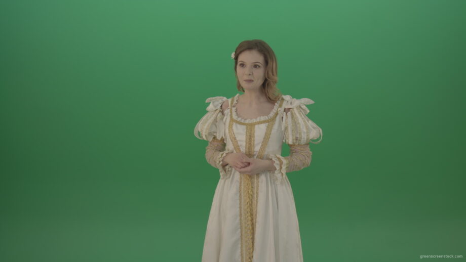 vj video background Medieval-girl-in-a-white-suit-looking-far-away-isolated-on-green-background_003