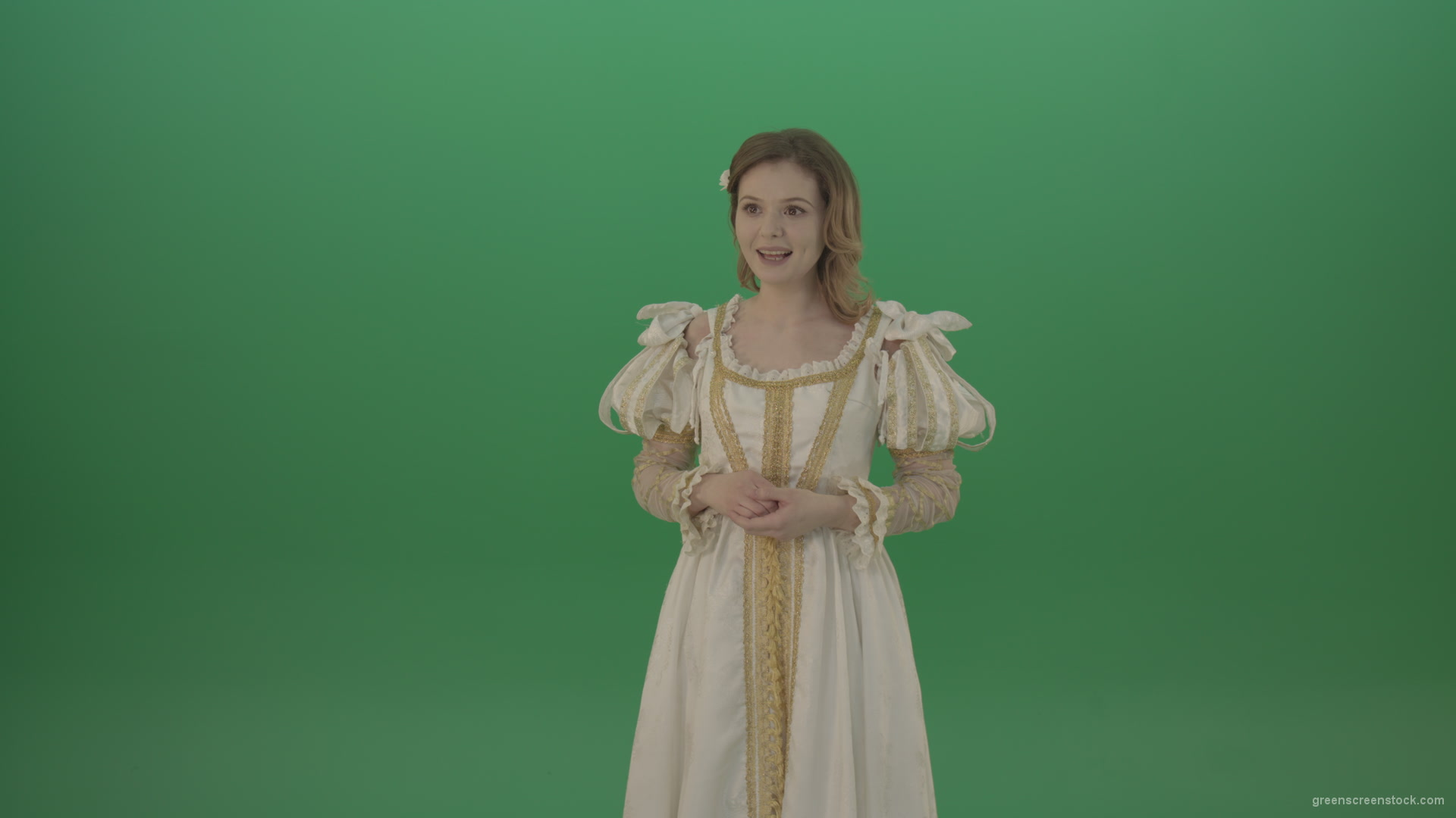 Medieval-girl-in-a-white-suit-looking-far-away-isolated-on-green-background_004 Green Screen Stock