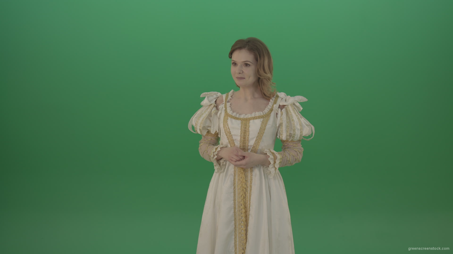 Medieval-girl-in-a-white-suit-looking-far-away-isolated-on-green-background_005 Green Screen Stock