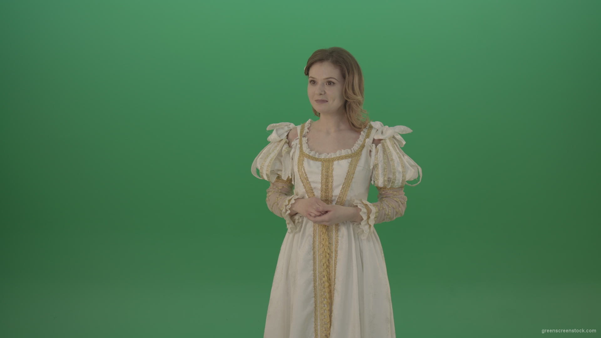 Medieval-girl-in-a-white-suit-looking-far-away-isolated-on-green-background_006 Green Screen Stock