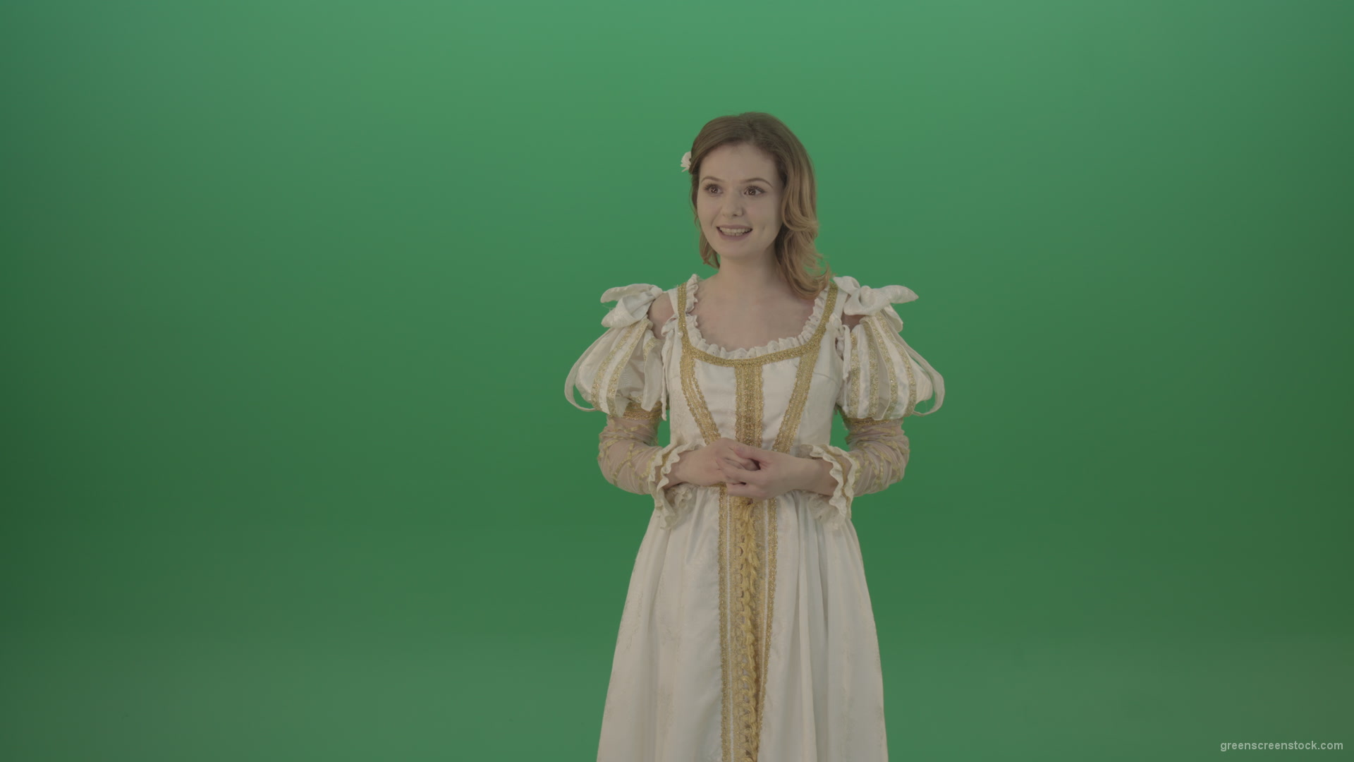 Medieval-girl-in-a-white-suit-looking-far-away-isolated-on-green-background_008 Green Screen Stock