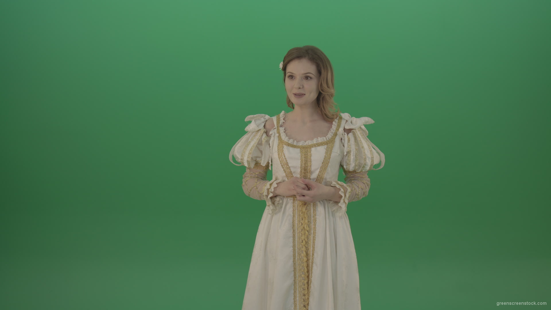 Medieval-girl-in-a-white-suit-looking-far-away-isolated-on-green-background_009 Green Screen Stock