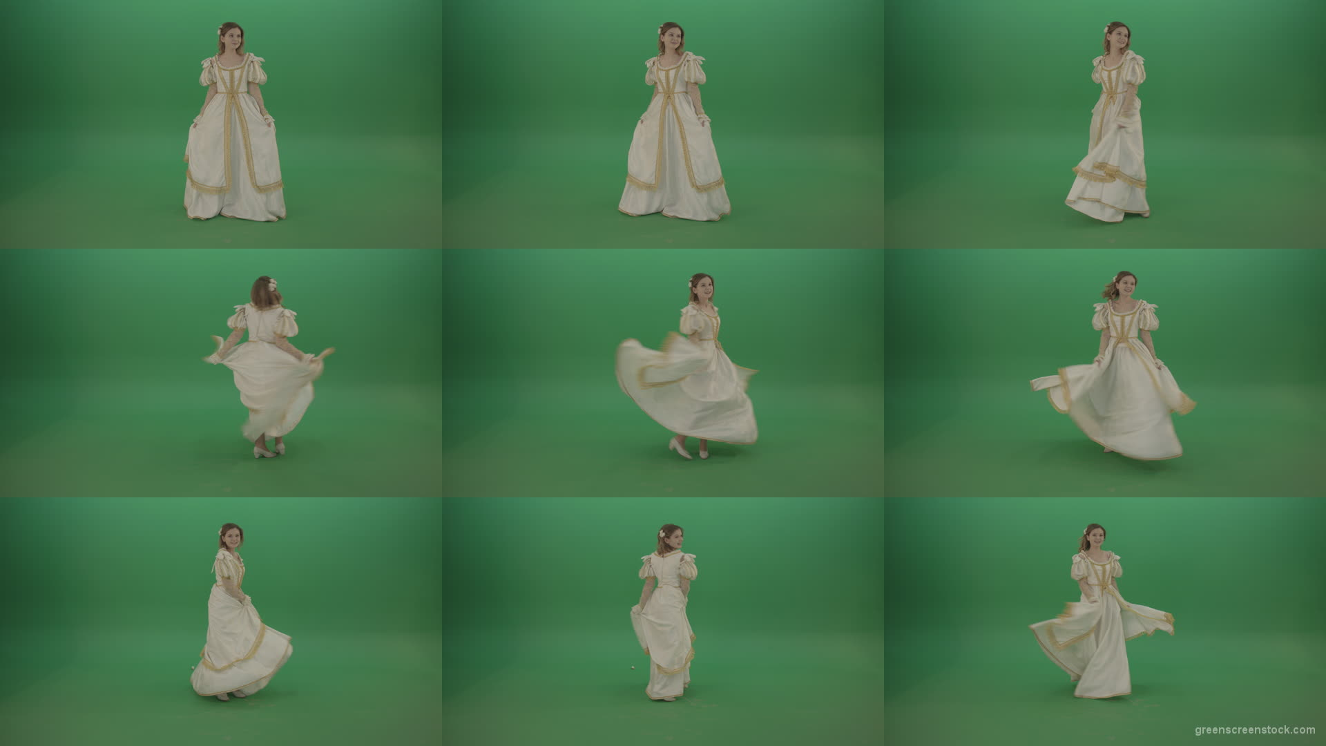 Merry-medieval-girl-dancing-and-rejoicing-isolated-on-green-background Green Screen Stock