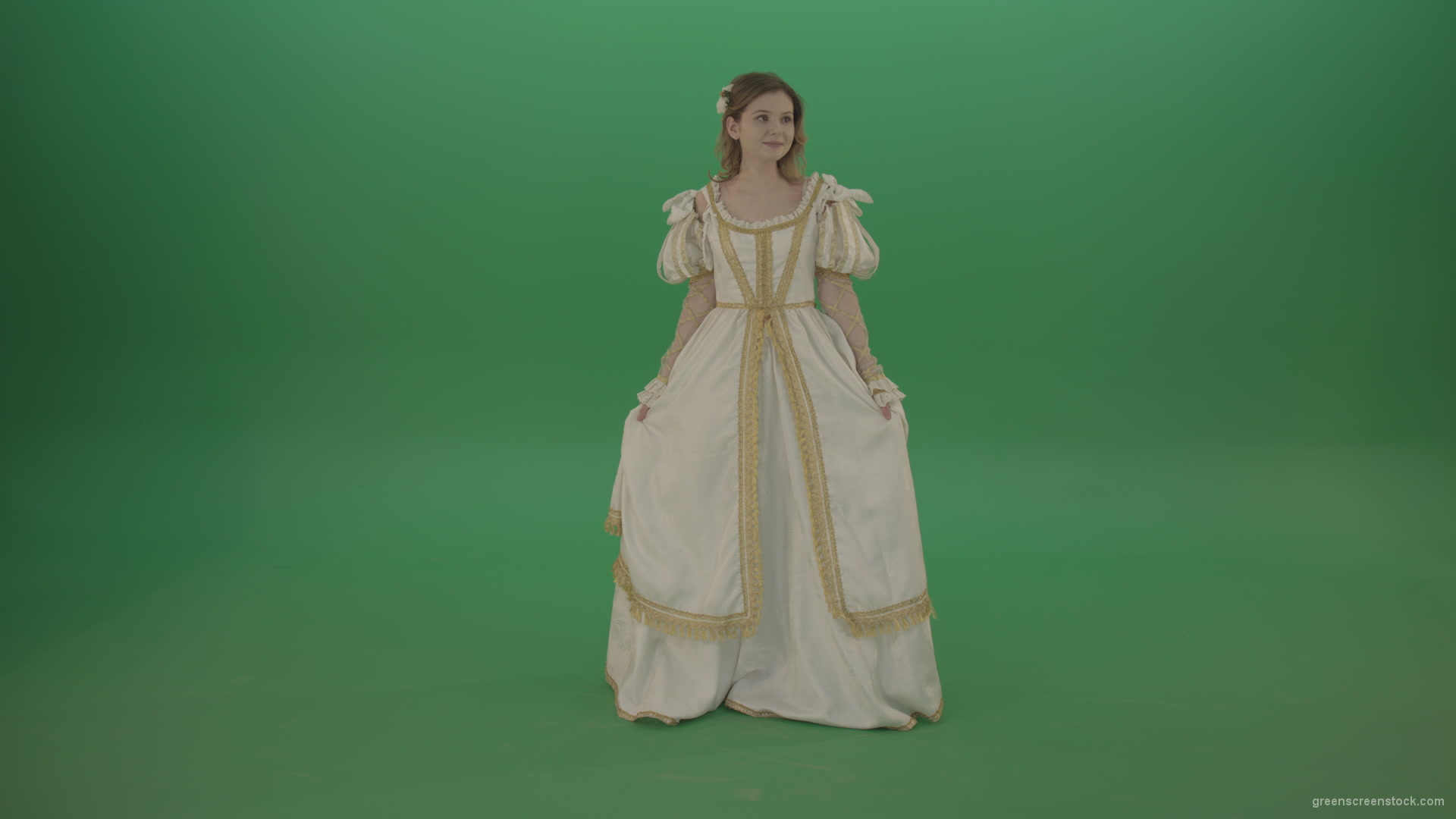 Merry-medieval-girl-dancing-and-rejoicing-isolated-on-green-background_001 Green Screen Stock