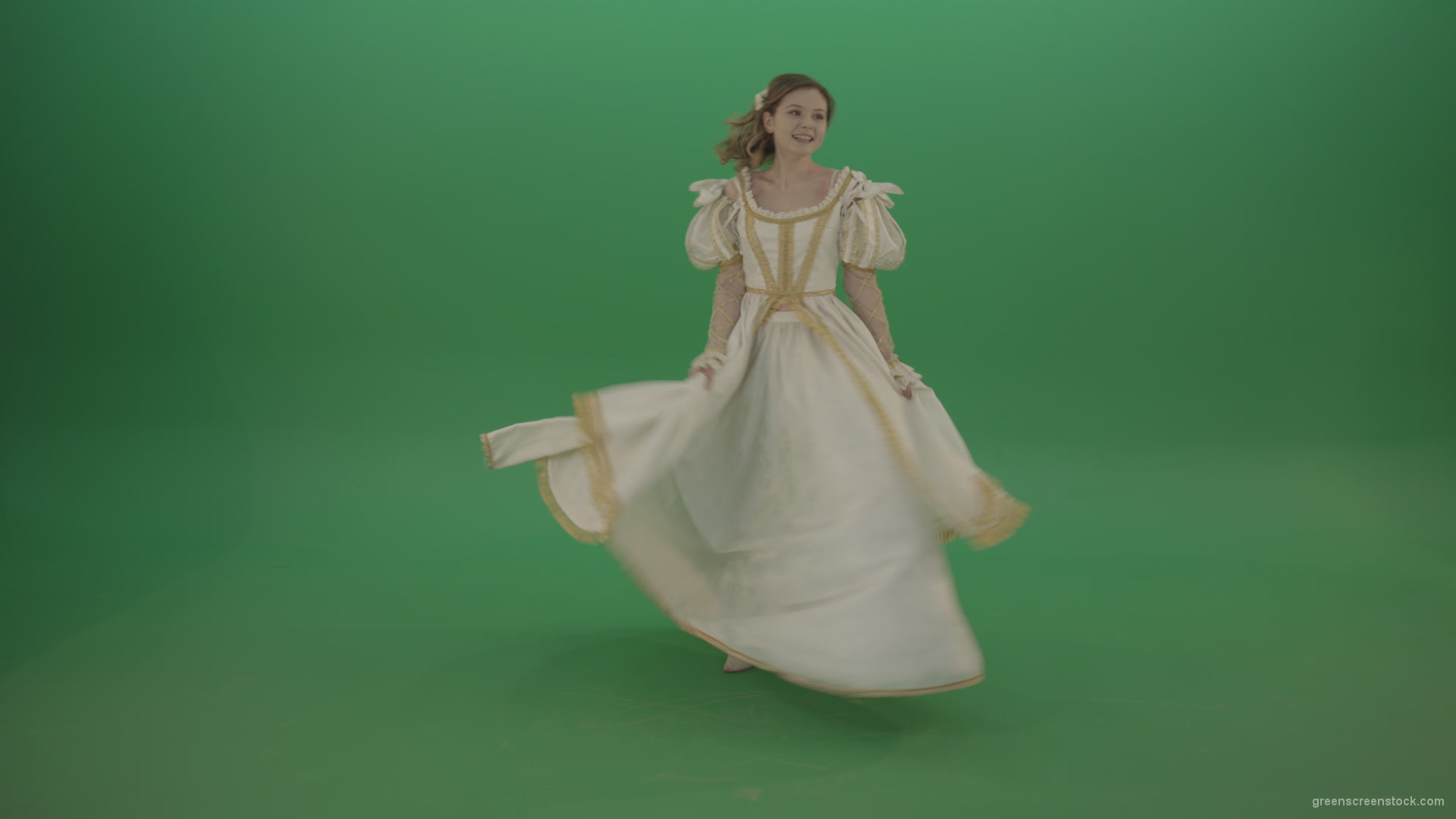 Merry-medieval-girl-dancing-and-rejoicing-isolated-on-green-background_006 Green Screen Stock