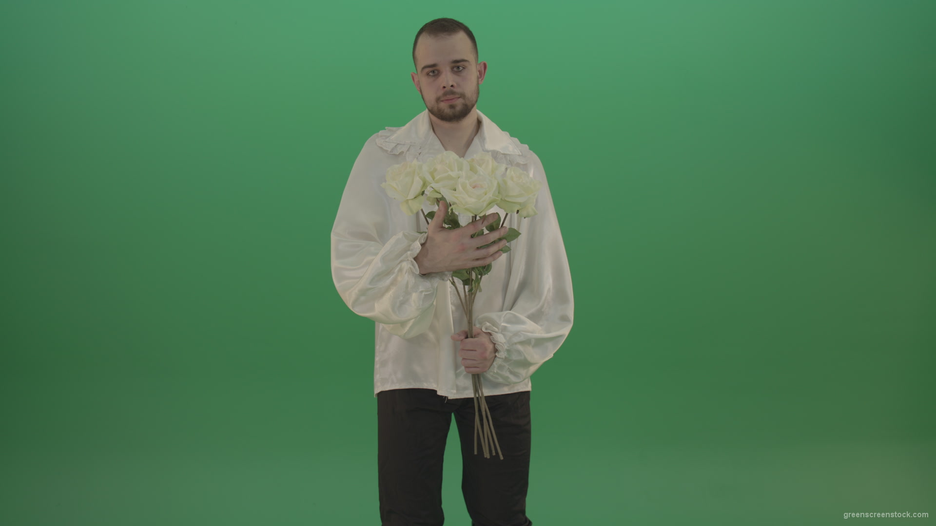 Middle-Age-theater-actor-boy-give-to-camera-White-flowers-isolated-on-green-background_001 Green Screen Stock