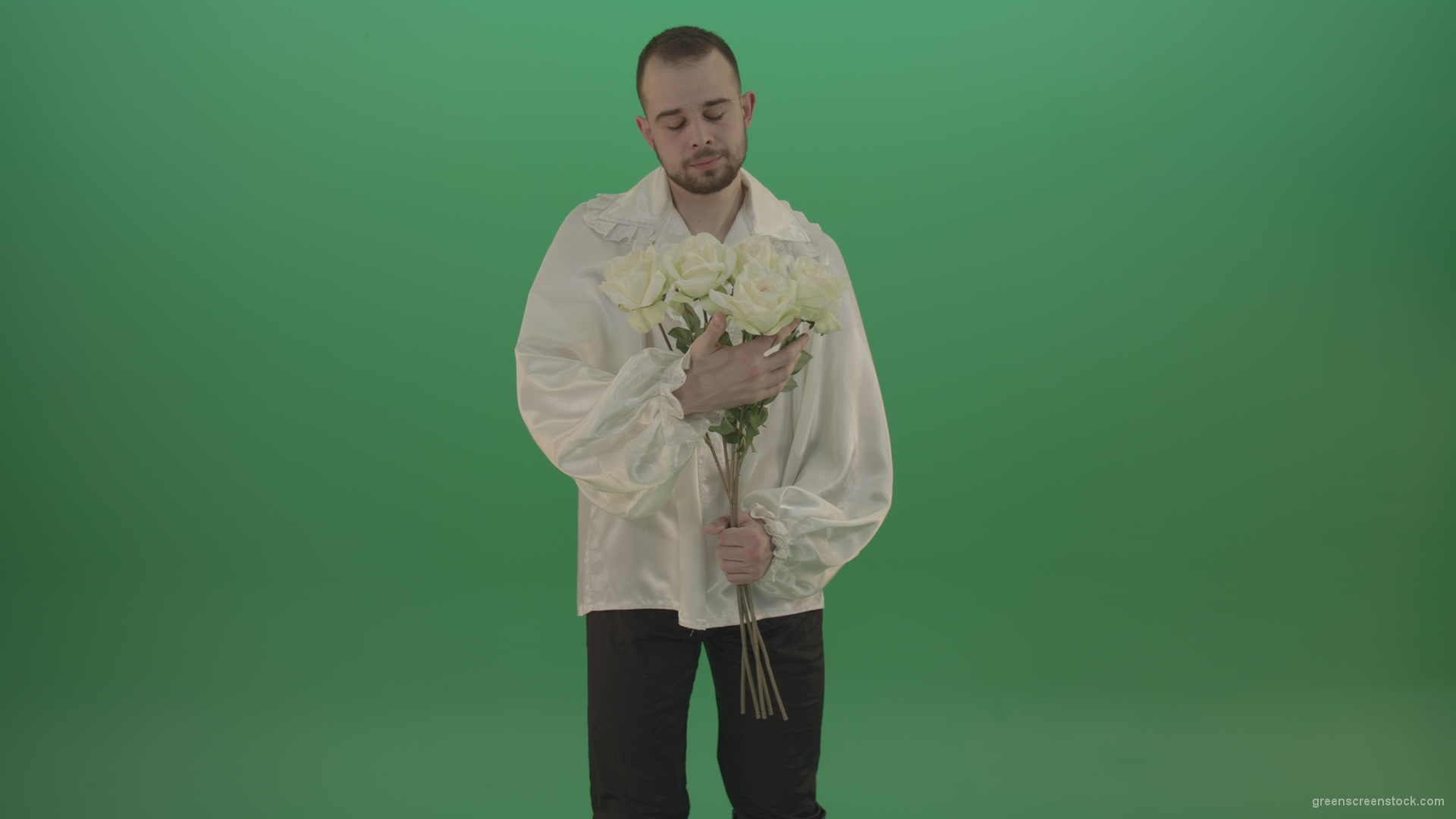 Middle-Age-theater-actor-boy-give-to-camera-White-flowers-isolated-on-green-background_002 Green Screen Stock