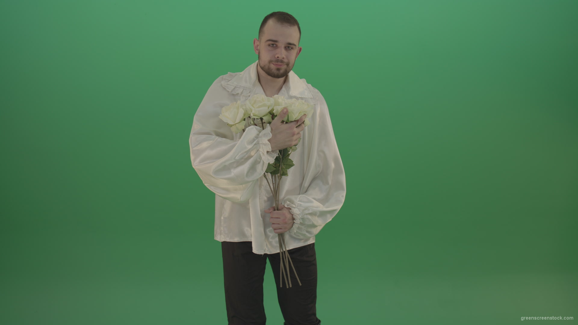 Middle-Age-theater-actor-boy-give-to-camera-White-flowers-isolated-on-green-background_005 Green Screen Stock