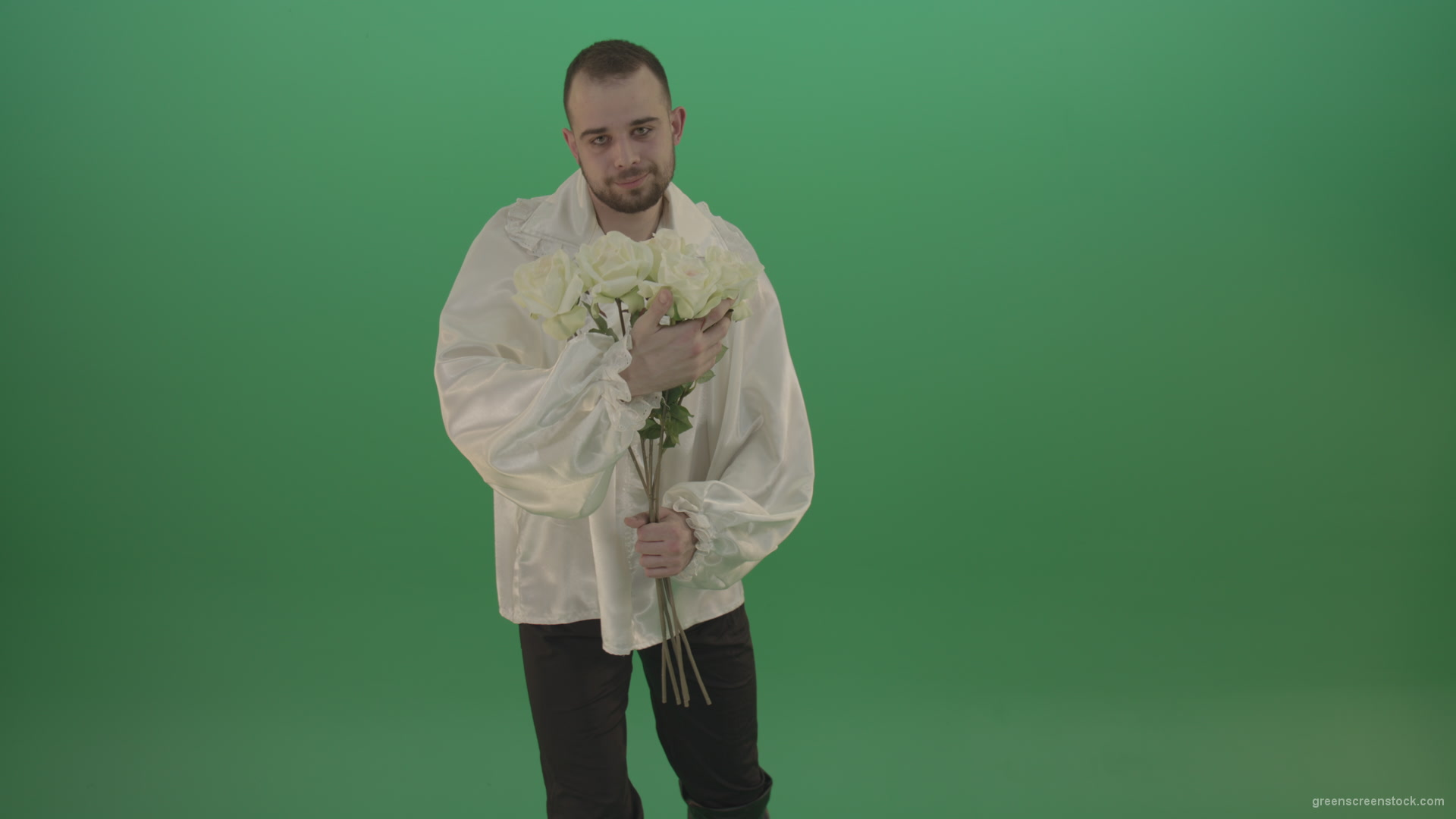 Middle-Age-theater-actor-boy-give-to-camera-White-flowers-isolated-on-green-background_006 Green Screen Stock