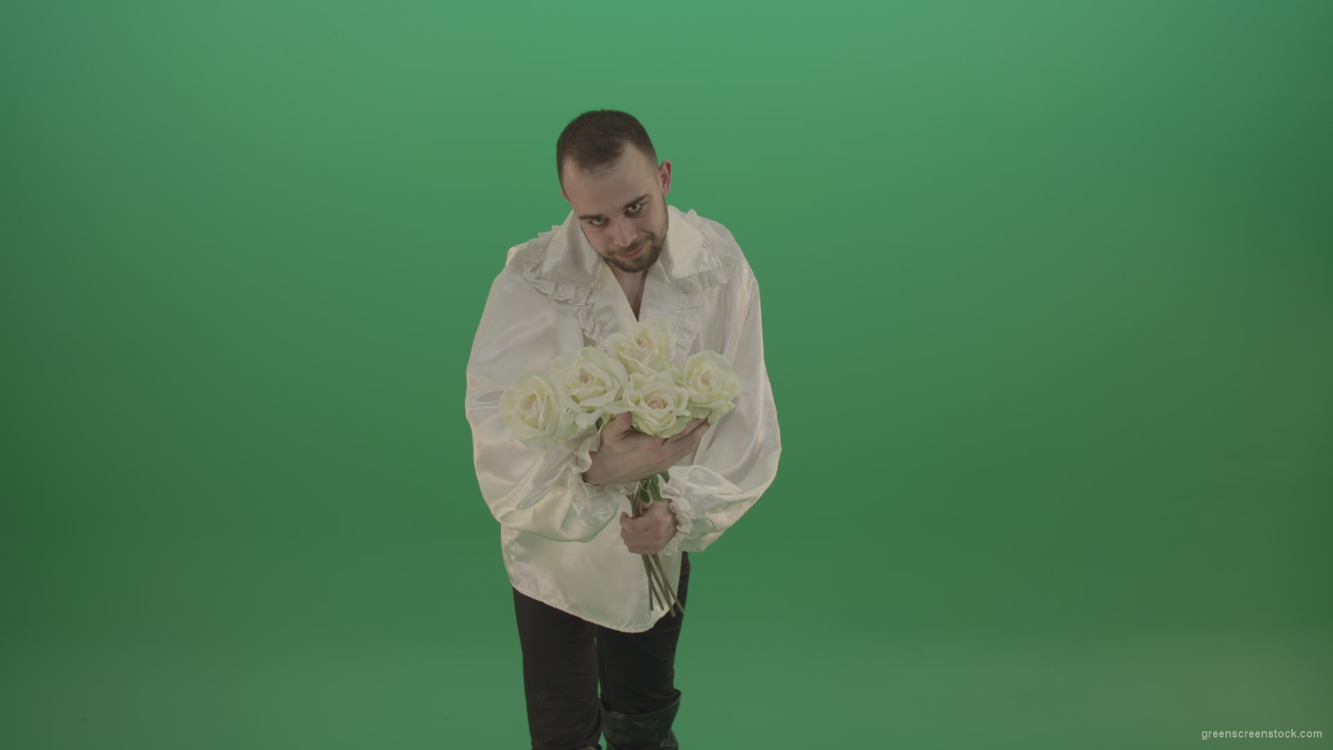 Middle-Age-theater-actor-boy-give-to-camera-White-flowers-isolated-on-green-background_008 Green Screen Stock