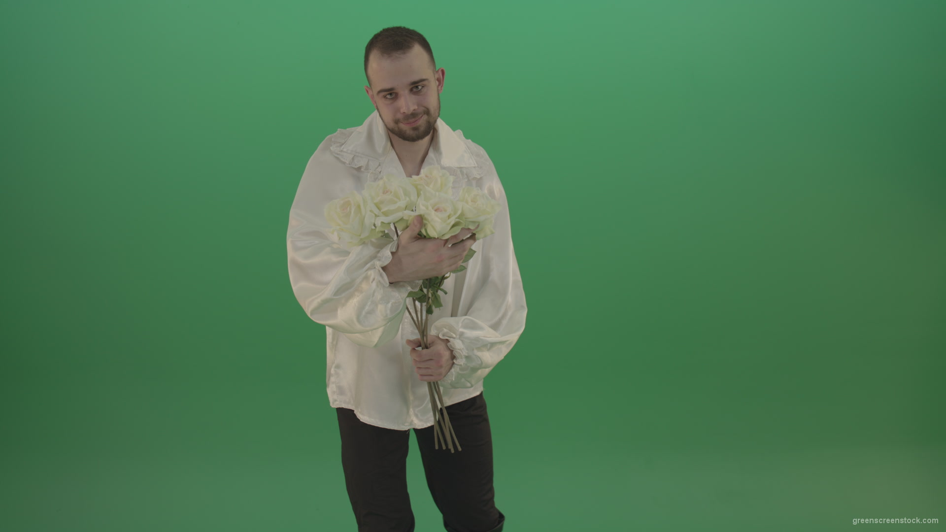 Middle-Age-theater-actor-boy-give-to-camera-White-flowers-isolated-on-green-background_009 Green Screen Stock