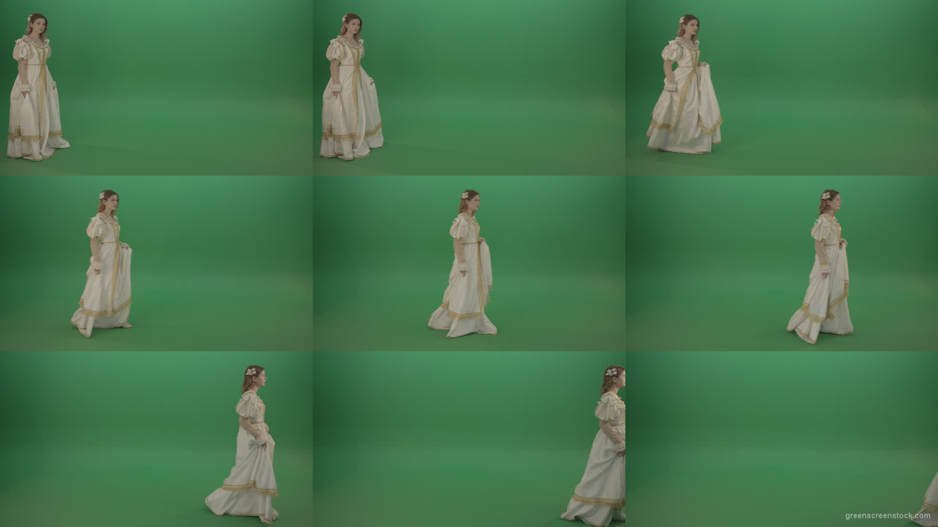 Mysterious-princess-makes-a-white-dress-goes-aside-isolated-on-green-background Green Screen Stock