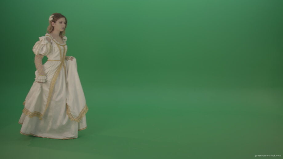 vj video background Mysterious-princess-makes-a-white-dress-goes-aside-isolated-on-green-background_003
