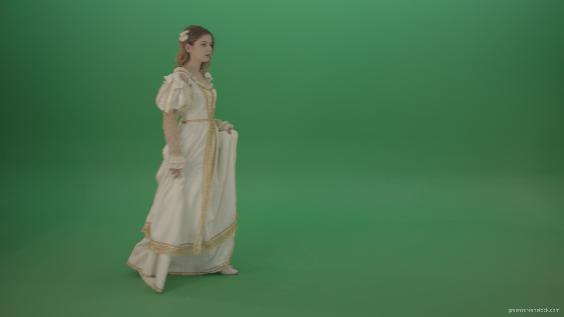 Mysterious-princess-makes-a-white-dress-goes-aside-isolated-on-green-background_004 Green Screen Stock