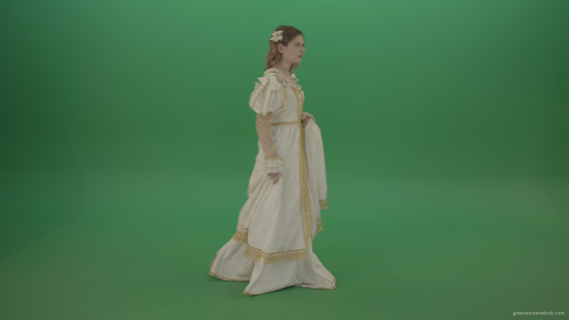 Mysterious-princess-makes-a-white-dress-goes-aside-isolated-on-green-background_005 Green Screen Stock