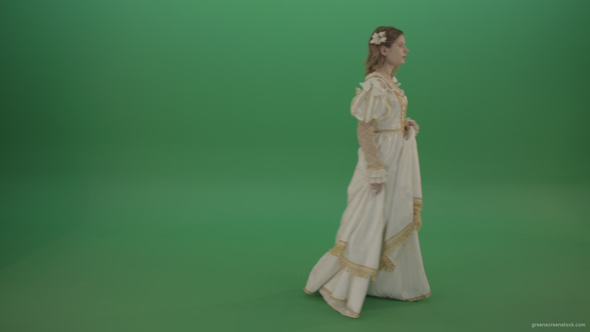 Mysterious-princess-makes-a-white-dress-goes-aside-isolated-on-green-background_006 Green Screen Stock