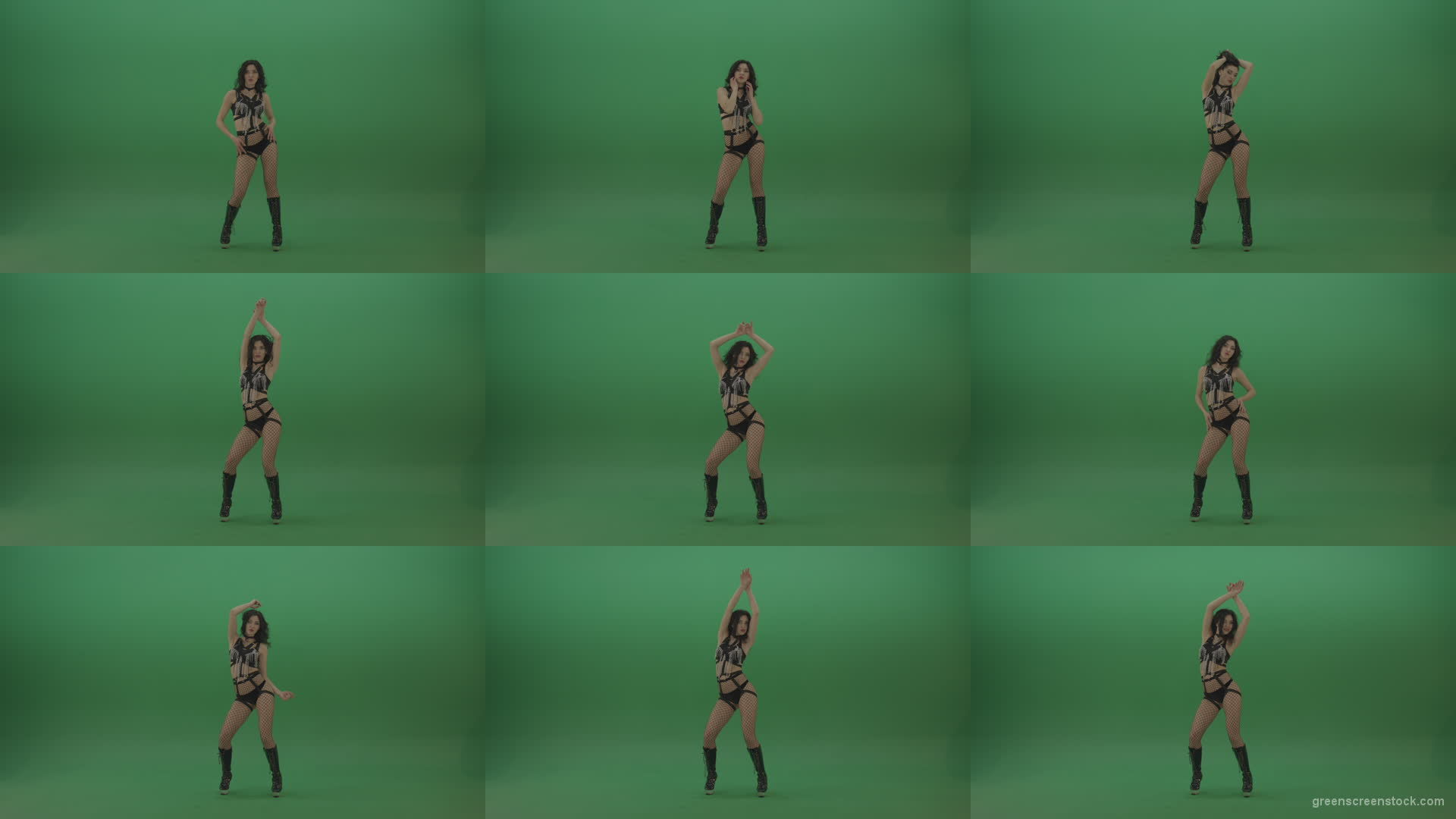 Pretty-black-haired-woman-in-an-erotic-suit-cycles-repetitive-movements-on-green-background. Green Screen Stock